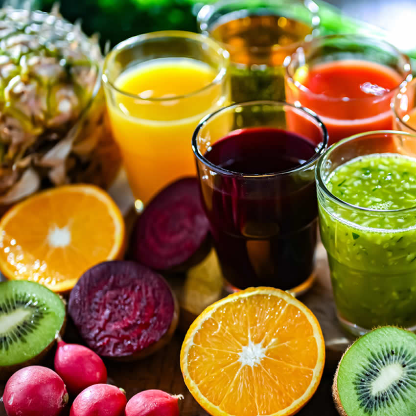 Frucht und Gemüseshots und daneben frisches Obst